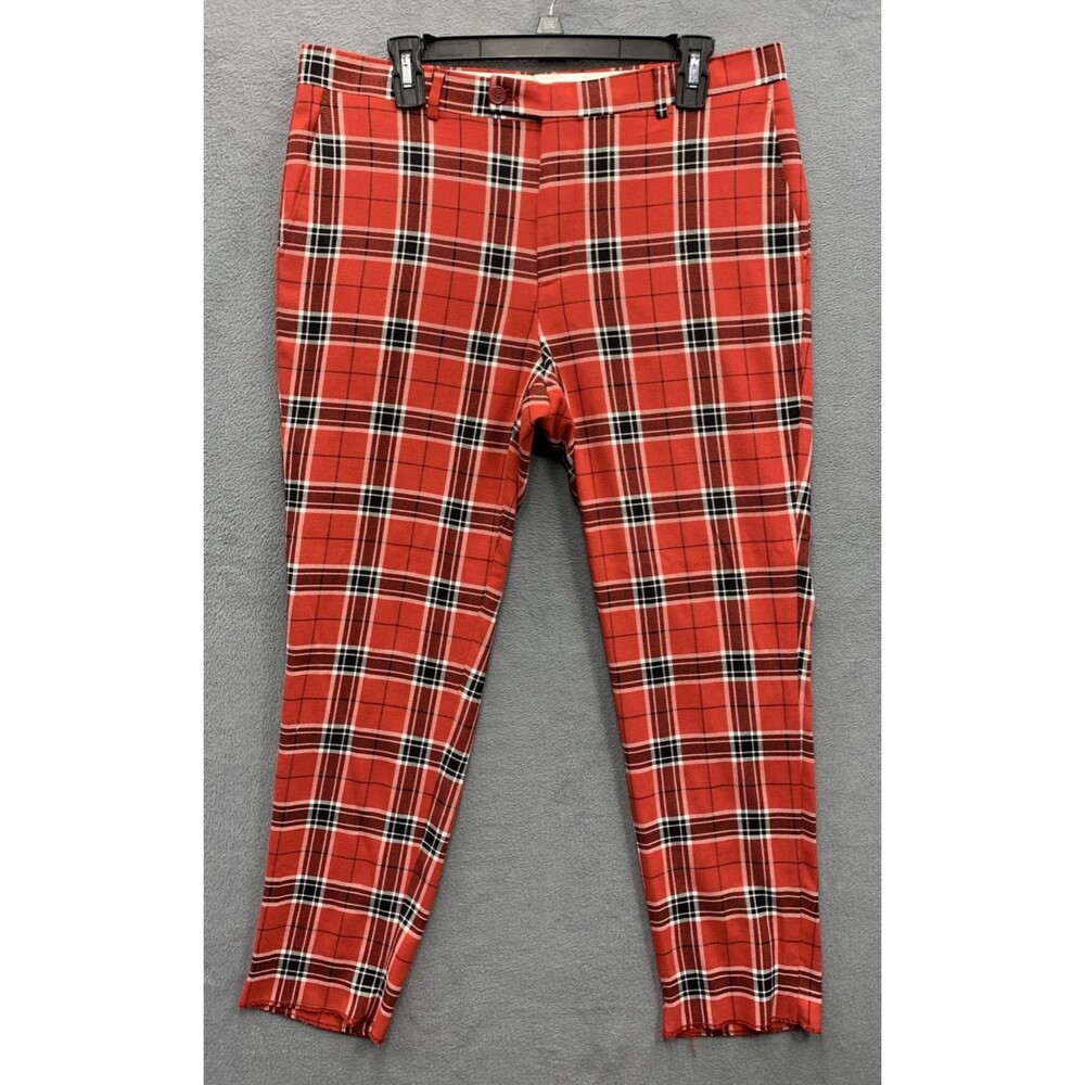 BooHoo MAN Pants Mens Plaid Check Fit To Leg Red Casual Slash Pocket Size 34X27
